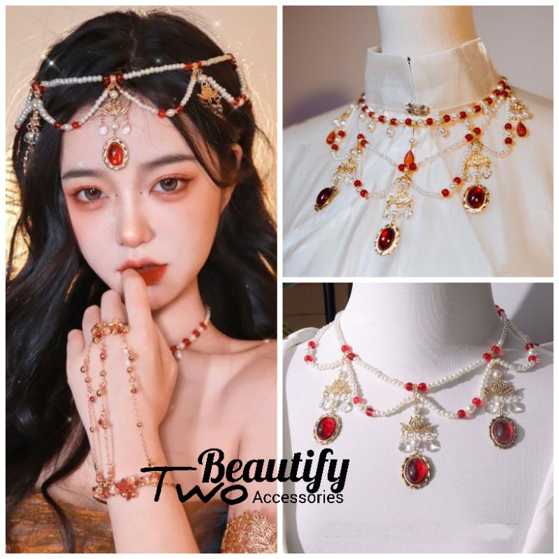 🧧สร้อยคอลูกปัดประดับมุกจีนโบราณสไตล์ฮั่นฝูพร้อจี้คริสตัลทับทิมแดง