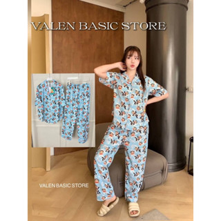 VALEN BASIC STORE💙 ชุดนอนขายาวสีฟ้า ลายพอล