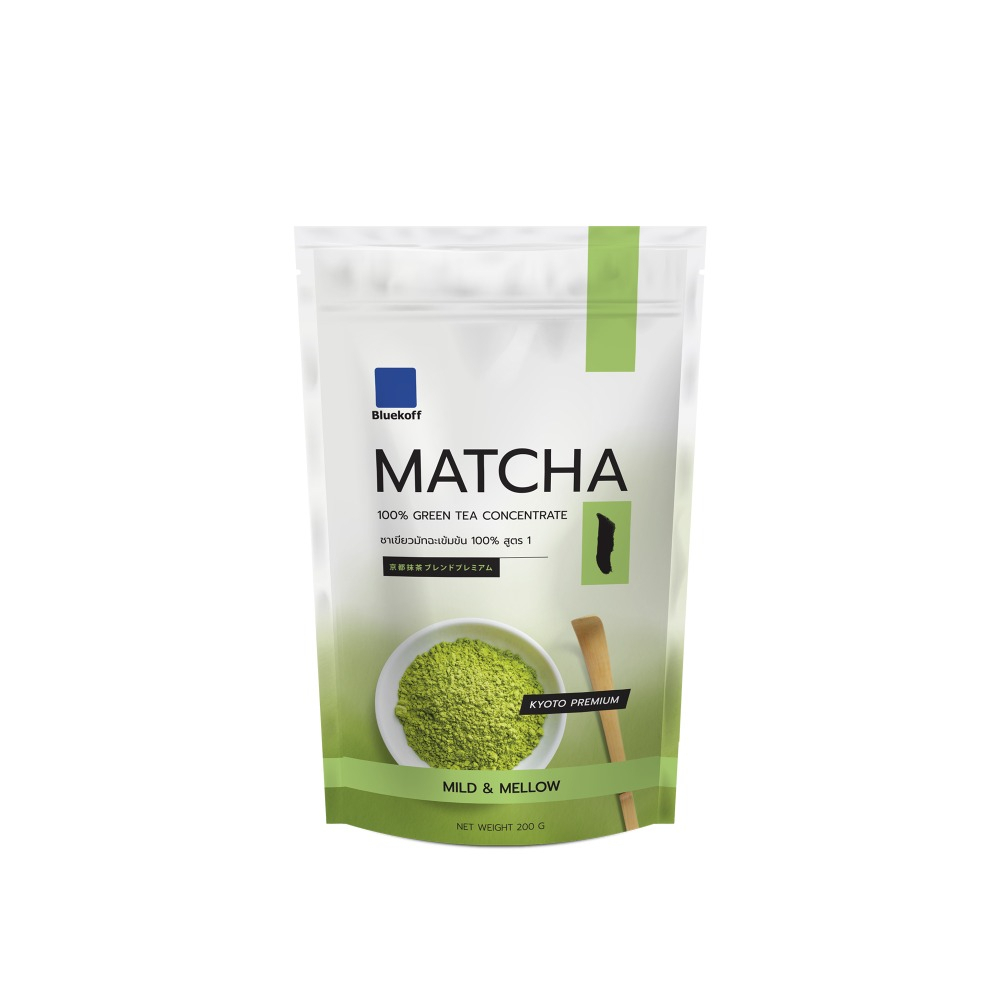 Bluekoff ผงชาเขียวมัทฉะ เข้มข้น 100 % เกรดพรีเมี่ยม Matcha Greentea Premium สูตร 1 (1ถุง บรรจุ 200 g )