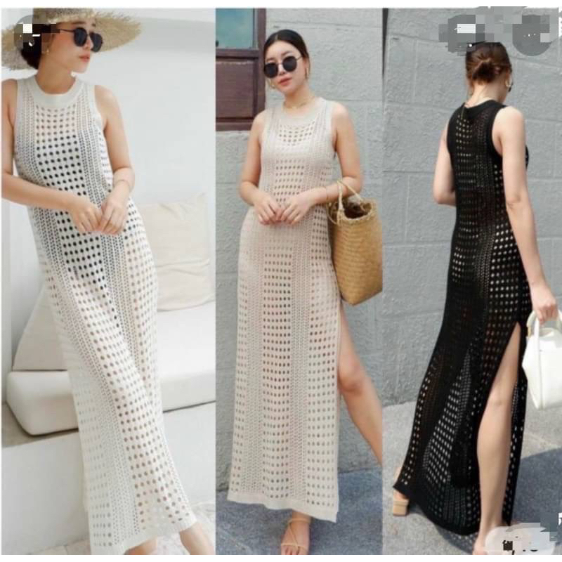 เดรสคลุมตาข่าย เดรสถักโครเช ผ่าข้าง คลุมใส่บิกินีไปทะเล สวย เซ็กซี่