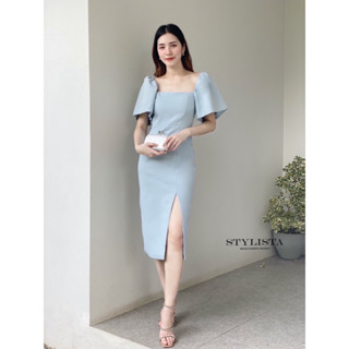เดรสสีเขียวอมฟ้า เดรสยาวสีพื้นเรียบหรู