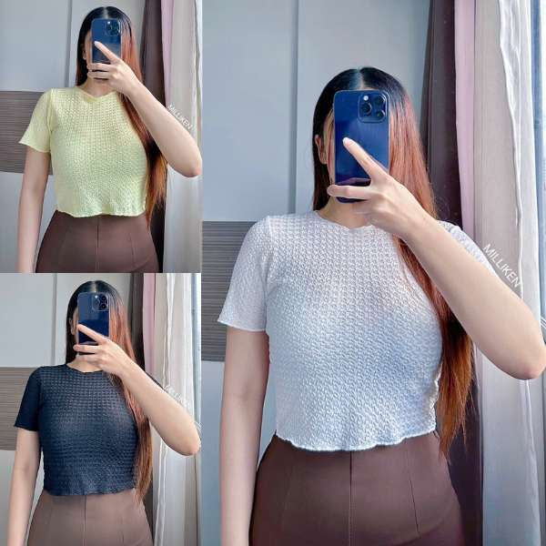 เสื้อแขนสั้นคอกลม ผ้าอัดลาย ฟรีไซส์ สายฝอ เกาหลี เสื้อสาวอวบ แขนสั้น