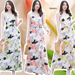 👗Pfashion [ส่งไวมาก🚛]  P18648 เดรสยาว สายเดี่ยวไขว้หลัง ผ่าแหวกระบายด้านหน้า ..