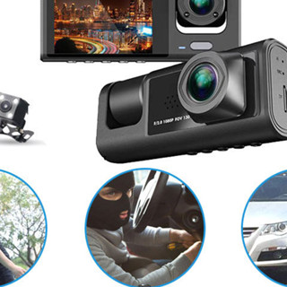 3 Channel Dash Camera Full HD 1080p ความคมชัดด้านหน้าและภายใน Dash Cam &amp; กล้องด้านหลังสำหรับยานพาหนะ