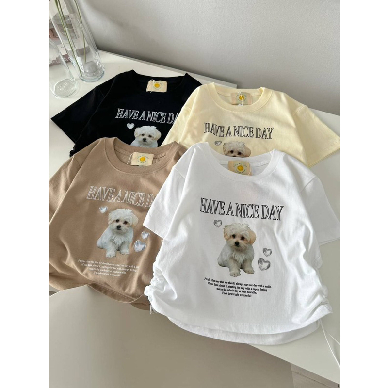 HAVE A NOCE DAY เสื้อครอปรูดข้าง สติกเกอร์ปริ้นส์ ผ้าคอตตอน 20 (Cotton20)