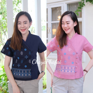 เสื้อผ้าฝ้ายอัดกาวป้ายข้างแขนสั้น ลายดอกรักราชกัญญา