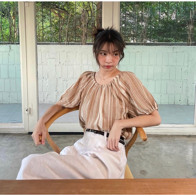 🍞🍊✨Used once, Yoko Blouse ( choco stripe) - The Pocketwood