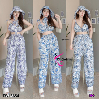 TT18654 set 2 ชิ้น เสื้อสายเดี่ยว ผุกไหล่ พิมพ์ลาย + กางเกงขายาว Set of 2 pieces. Single-shoulder shirt with printed pat