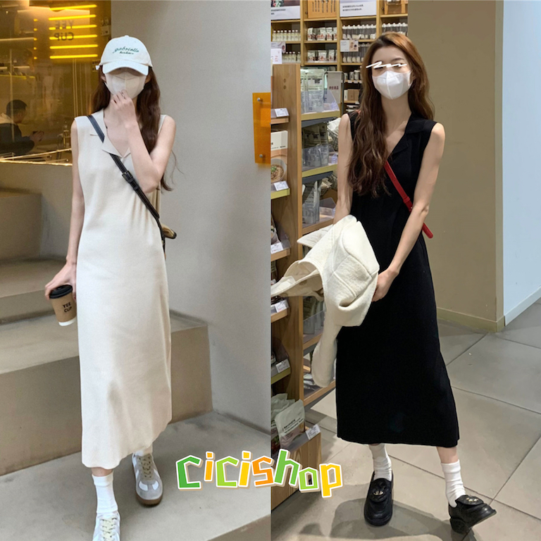 Cicishop(6962)เดรสแขนกุด คอปก ผ้าไหมพรมสีพื้น ผ้ายืดได้เยอะ สไตล์เกาหลี