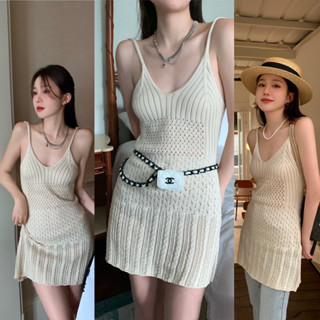 เดรสสายเดี่ยวไหมพรมสีครีมเรียบๆ น่ารัก creammy knit dress