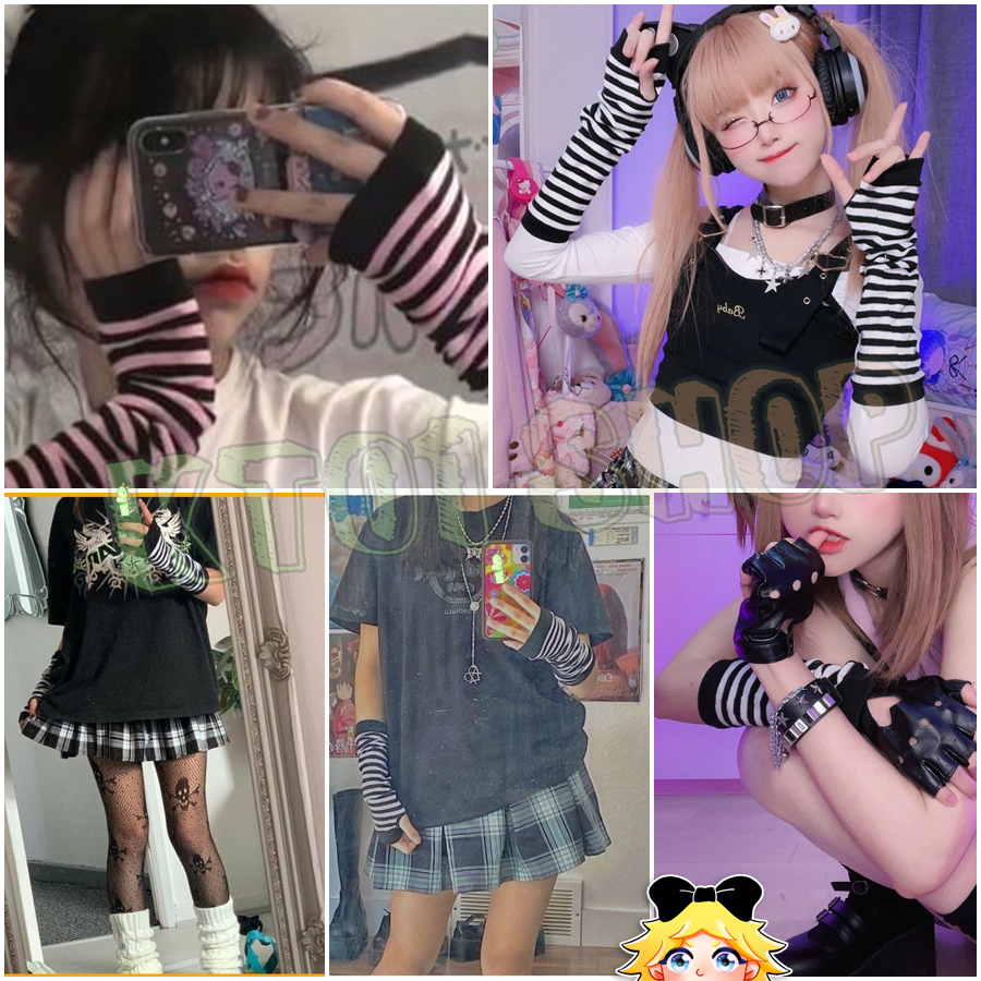 ปลอกแขน (มีรูนิ้วโป้ง) 💜🖤 | y2k harajuku gothic jk e-girl [25สี+ลายทาง] ฮาโลวีน แฟนซี เทศกาล