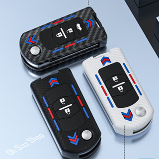 เคสรีโมทรถ MAZDA Folding Key กุญแจพับข้าง  ลายเคฟล่า (ABS Key Cover Black Silicone Push button Guard) ; Mazda Key Sets 2