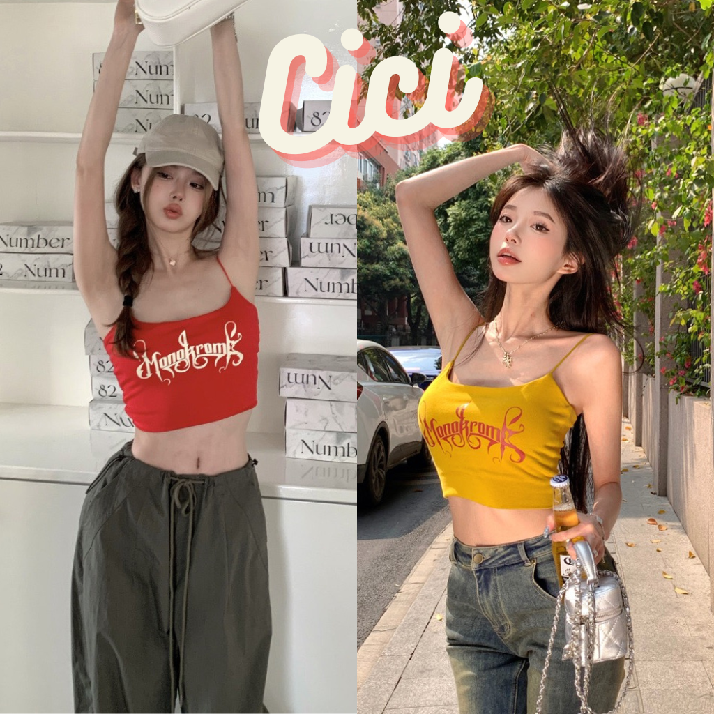 ส่งทันที Cici(งามเกรดดีNO. 1619)เสื้อครอปสายเดี่ยว มีฟองน้ำ ผ้ายืด ดีเทลสกรีนตัวหนังสือด้านหน้า สไตล์สาวเเซ่บ