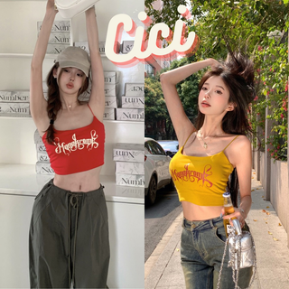 Cici(งามเกรดดีNO.1619)เสื้อครอปสายเดี่ยว มีฟองน้ำ ผ้ายืด ดีเทลสกรีนตัวหนังสือด้านหน้า สไตล์สาวเเซ่บ