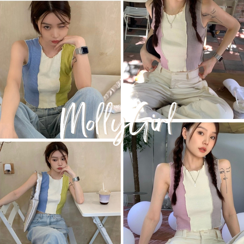 Mollygirl เสื้อแขนกุดลายทาง สีทูโทนเข้าใหม่