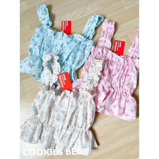 🥨cookie bear🥨 สายเดี่ยวลายดอก สายแถบระบาย งานกระดุมมุก