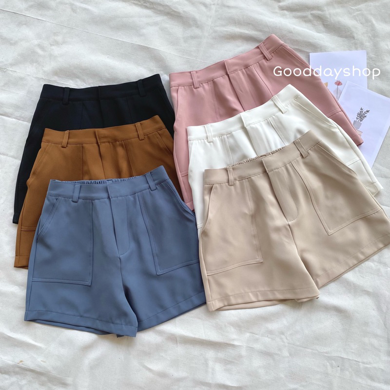 021 กางเกงขาสั้นตะขอซิปหน้า มีกระเป๋าแปะหน้า 2 ข้าง เอวยางยืดหลังฟรีไซส์