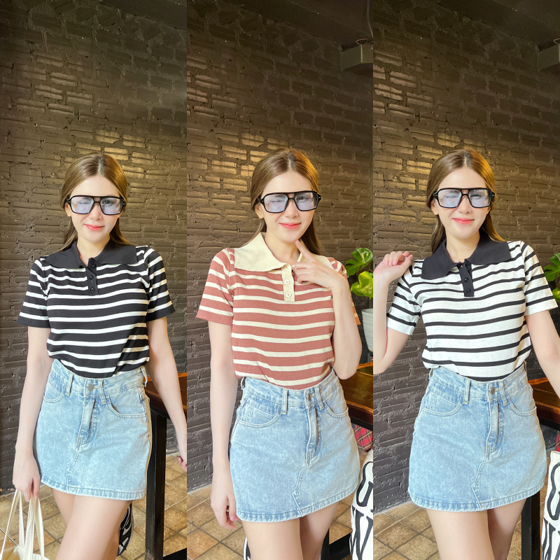 SpinnyHouse เสื้อโปโล ทรงคอโปโลแขนสั้น แต่งทอลายคาดเส้น สาวอวบใส่ได้ ใบลาน B-026-4-B