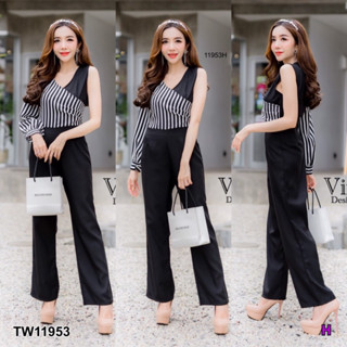 MM11953 จั๊มยาวไหล่เฉียงลายริ้ว Long pumps, oblique shoulder, stripe pattern.