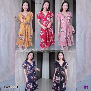 CS10331 เดรสคอวีป้ายหน้าอกลายดอก V-neck floral print dress