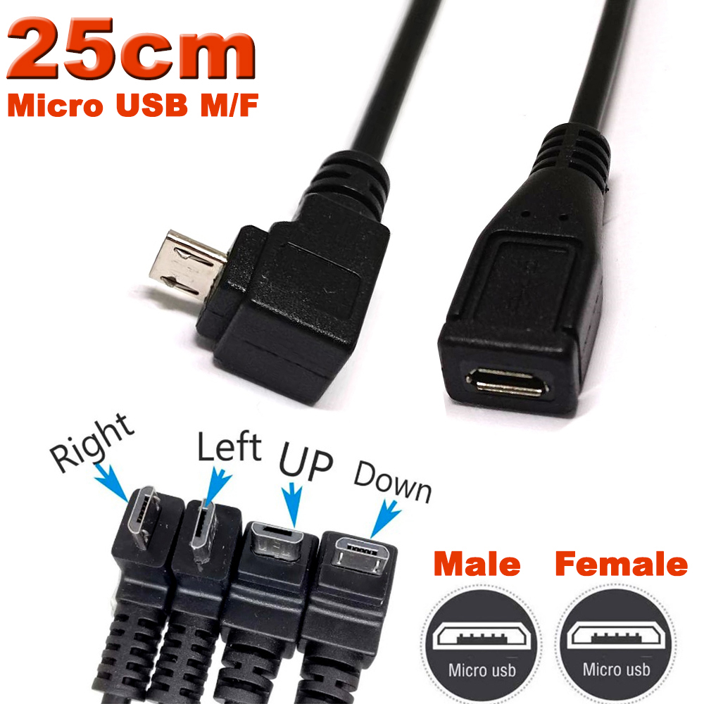 Up & Down & Left & Right Angled 90 Degree USB Micro USB Male To Female Data Charge Connector Cable.