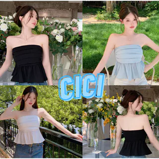 ส่งทันที Cici(NO. J525-1)เกาะอกสีพื้น ชายระบายสไตล์เกาหลีสุดชิค