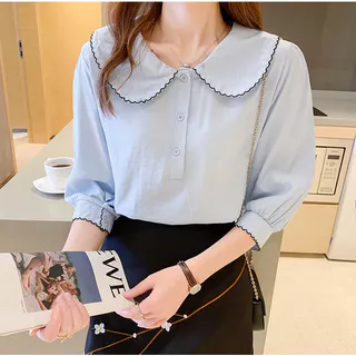 (พร้อมส่งจากไทย) เสื้อเชิ้ตคอบัวสีฟ้าขาวใส่สบาย[G20]