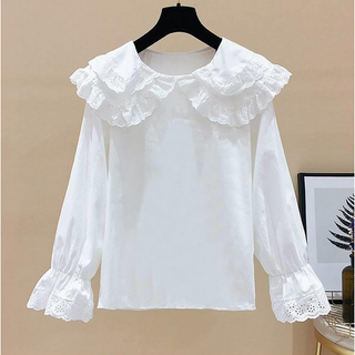 พร้อมส่ง : เสื้อเชิ้ตตกแต่งผ้าลูกไม้ฉลุระบายคอปกสองชั้น[G26]