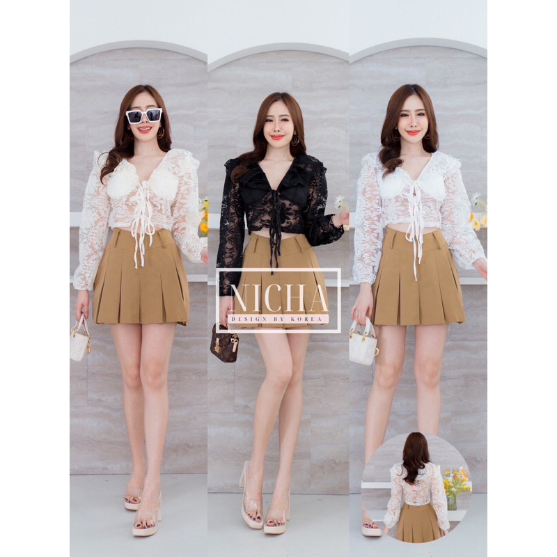 NICHA Online เสื้อลูกไม้ แขนยาวคอวี คอระบาย ปลายแขนระบาย ผูกริบบิ้น เข้าได้กับทุกลุค
