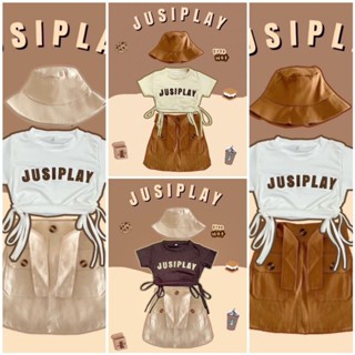 เสื้อผ้าร่องเนื้อนิ่ม ปักลายJUSIPLAY  คู่กระโปรง(กระโปรง)คาโก้ผ้าฝ้ายแต่งกระเป๋า แถมฟรีหมวกเข้าset น่ารักมากๆค่ะ