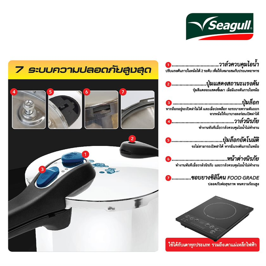 ซีกัล หม้ออัดแรงดัน ความจุ 6 ลิตร / 8 ลิตร สีเงิน SEAGULL PRESSURE COOKER 6 L / 8L SILVER ราคา ถูกที่สุด ดีลบีเคเค แกลเลอรีภาพที่ 8