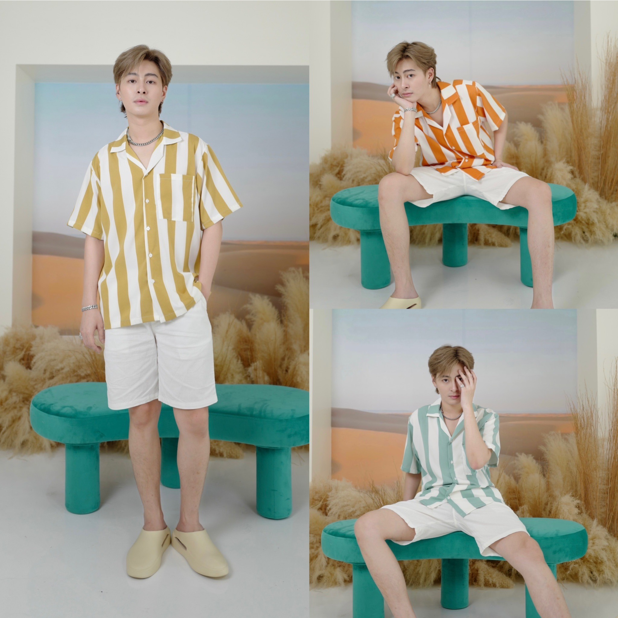 เสื้อเชิ้ตผู้ชาย ลายริ้ว สไตล์เกาหลี พร้อมส่ง