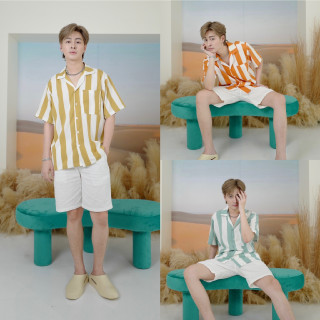 เสื้อเชิ้ตผู้ชาย ลายริ้ว สไตล์เกาหลี พร้อมส่ง