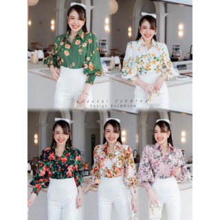 🌹เสื้อเชิ้ตใส่ทำงานใส่ทำบุญใส่ออกงานผู้หญิงลายดอกปลายแขนจั้ม แขนพอง แขนบอลลูนสวยๆ🌹