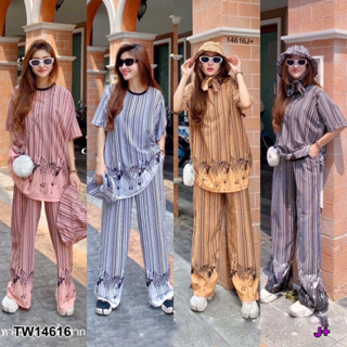 TW14616 Set 3 ชิ้น เสื้อคอกลมกุ้น แขนสั้น+กางเกงขายาว+หมวกบัก