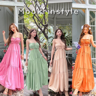 MOOKRINSTYLE เดรสสายเดี่ยว ทรงยาว อกแต่งจีบใส่สม้อค สวยงาม ชุดไปทะเล เดินชายหาด maxidress