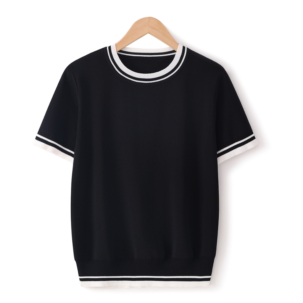 เสื้อไหมพรมคอกลม เสื้อยืดแขนสั้น ลายทาง รุ่น13506