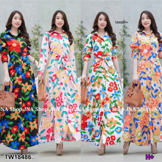 J18486 แม็กซี่เดรสเชิ้ตยาว พิมพ์ลายดอกไม้ สายผูกเอว maxi long shirt dress Floral print, drawstring waist