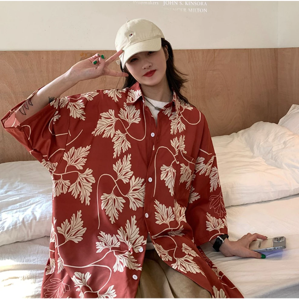 เสื้อเชิ้ตแขนสั้น สไตล์เกาหลี ลายดอกสีแดง ยูนิเซ็กส์ thumbnail 3