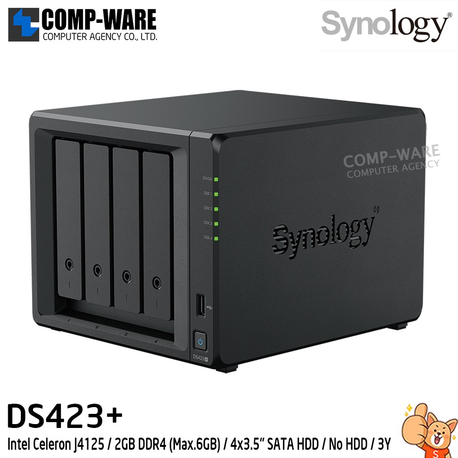 Synology DiskStation (Tower 4-Bay) DS423+ / Intel Celeron J4125 / 2GB DDR4 (Max.6GB) / No HDD / 3Y W
