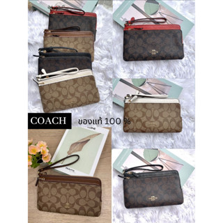 พร้อมส่งแท้ 🇺🇸💯% New Coach คล้องมือ 2 ซิป L DOUBLE ZIP WALLET IN BLOCKED SIGNATURE CANVAS  COACH C5576 )