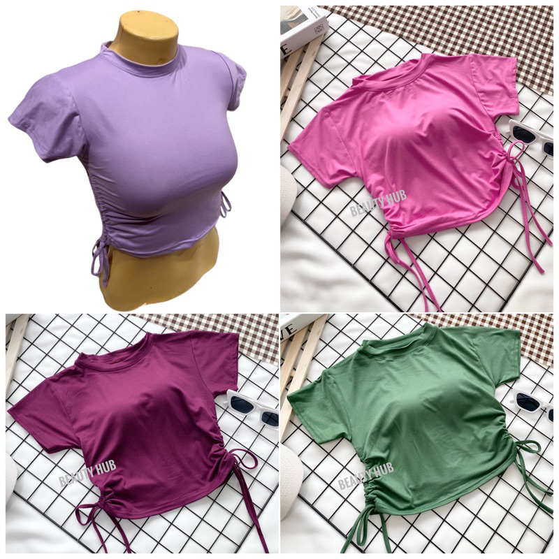 [098]เสื้อครอปคอกลม สายรูดข้าง สวยเก๋ ผ้าเรยอน ผ้านิ่มใส่สบาย ราคา ถูกที่สุด ดีลบีเคเค