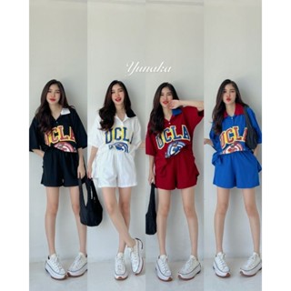 ชุดเซ็ต oversize ชุดสาวอวบ เสื้อเชิ้ตคอปกแขนสั้นคอโปโลกระดุมหน้า มาพร้อมกางเกงเอวยางยืด เข้าชุดกันนางแบบใส่งานจริง