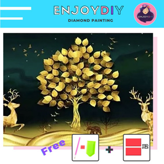 ครอสติสคริสตัล 5d diy diamond painting แบบเม็ด ลาย กวางคู่ต้นโพธิ์ทอง ติดเต็ม เม็ดกลม EnjoyDIY พร้อมส่งจากไทย