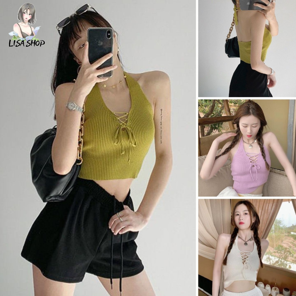 เสื้อกล้ามเเฟนชั่นไหมพรมผ้านิ้ม ใส่สบาย มีเชือกร้อยตรงอกน่ารักฝุดๆๆ L11070