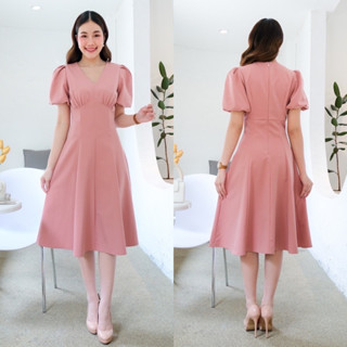 🔴แชทถามสต็อคก่อนจ่ายเงิน🔴S M L XL 2XL 3XL #8103 Midi dress คอวี แขนตุ๊กตา น่ารักมากกกกก คัตติ้ง เอวสูง จับเดรปใต้อก เดรส