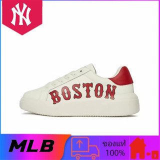 รองเท้าผ้าใบส้นเตี้ย MLB ของแท้ 100% ทนต่อการสึกหรอดูดซับแรงกระแทกสำหรับผู้ชายและผู้หญิงสีขาวและสีแดง