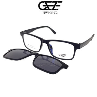 กรอบแว่นสายตา GEZE Clip-On รุ่น HW905-C2 เต็มกรอบสีดำด้าน คลิปออนแม่เหล็กเคลือบปรอทสีน้ำเงิน เลนส์กันแดด