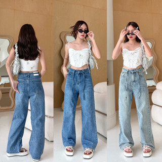 (ลด20% ใส่โค้ด L299HIT) SHOP.POPO-Sunny jeans กางเกงยีนส์กระบอกใหญ่มีสายผูกเอว (ผ้าไม่ยืด)