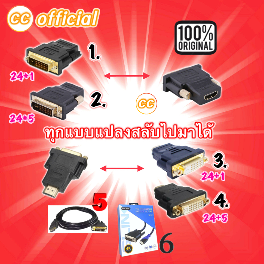 ✅ DVI to HDMI ,  HDMI to DVI Adapter Glink หัวแปลง DVI-D 24+1 / DVI-I 24+5 Support 1080P For HDTV LC
